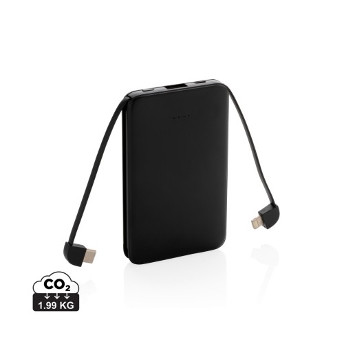 5.000 mAh zakformaat powerbank met geïntegreerde kabels, zwart