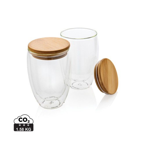 Double wall borosilicate glass with bamboo lid 350ml 2pc set, transparent