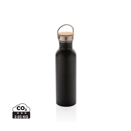Modern stainless steel bottle with bamboo lid, black