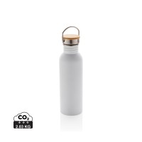 Modern stainless steel bottle with bamboo lid, white