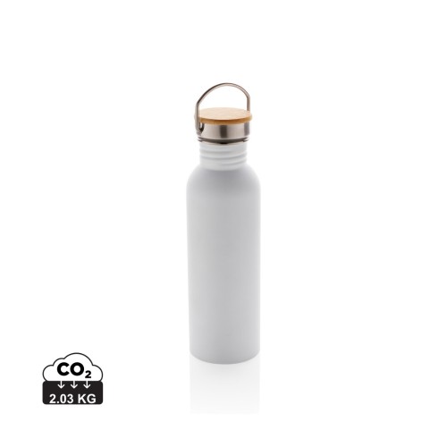 Modern stainless steel bottle with bamboo lid, white