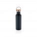 Modern stainless steel bottle with bamboo lid, blue