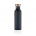 Modern stainless steel bottle with bamboo lid, blue