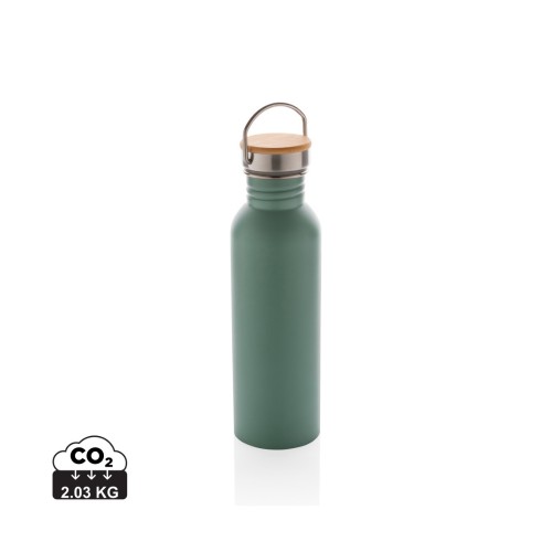 Modern stainless steel bottle with bamboo lid, green