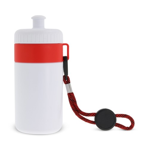 Sports bottle with edge and cord 500ml, White / Red Sports bottle with edge and cord 500ml, White / Red
