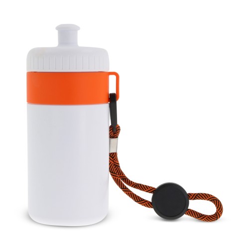 Sportbidon met rand en koord 500ml, Wit / Oranje