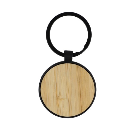 Bamboe en metalen sleutelhanger rond, Zwart