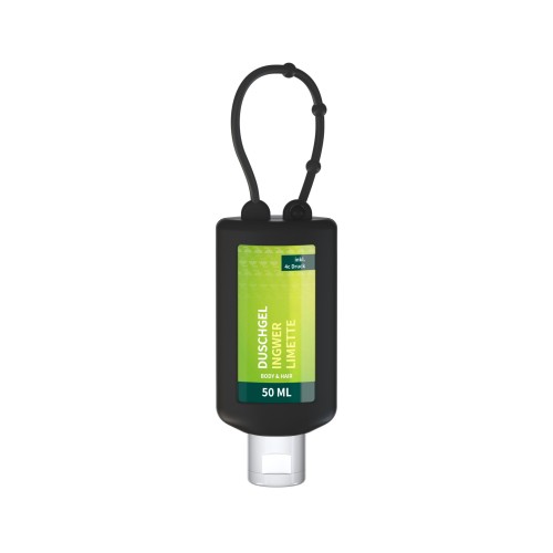 Duschgel Ingwer-Limette. 50 ml Bumper (schwarz), Body Label (R-PET)