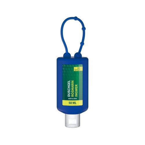 Duschgel Rosmarin-Ingwer. 50 ml Bumper blau, Body Label (R-PET)