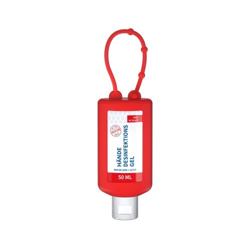Hände-Desinfektionsgel (DIN EN 1500). 50 ml Bumper rot, Body Label (R-PET)