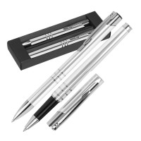 Aluminium schrijfset met een pen en rollerbal, wit