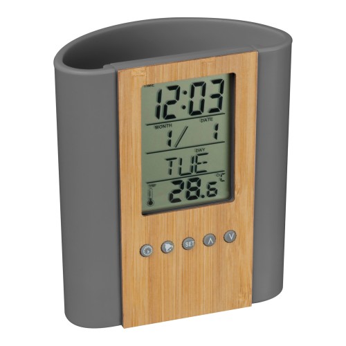 Pennenhouder met klok. thermometer van bamboe en ABS, grijs