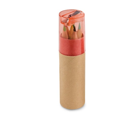 ROLS. Pencil box tube with 6 coloured pencils and sharpener, red