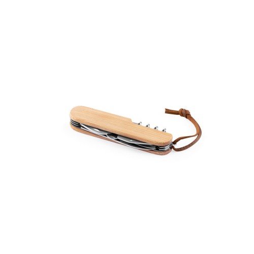 RYKER Multifunktionales Taschenmesser aus Bambus und Edelstahl mit PU-Griff, Natur