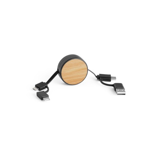 RUBINS 6-in-1-USB-Kabel ausziehbar aus Recyceltes ABS (100% rABS) und Bambus, Schwarz
