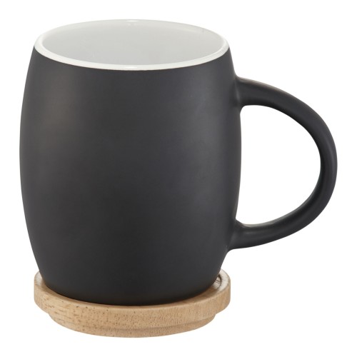 Hearth 400 ml ceramic mug with wooden coaster. Black, White
