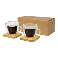 Manti 2-piece 100 ml double-wall glass cup with bamboo coaster. Transparent, Natural