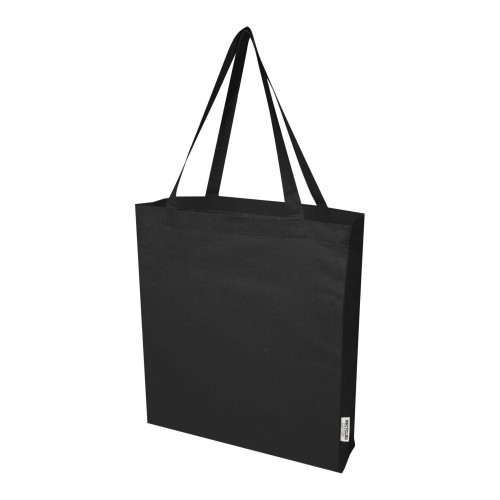 Madras 140 g/m² Baumwoll Tragetasche mit Seitenfalten aus GRS recycelter Baumwolle 12L, schwarz