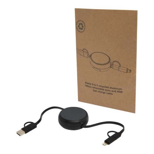 Alasia 100 cm 5-in-1 Kabel aus recyceltem Kunststoff und Aluminium. einziehbar. für Datenübertragung und mit 45W Schnellladung, schwarz