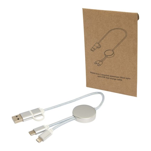 Alasia 5-in-1 30 cm datasynchronisatie- en 27 W snellaadkabel van gerecycled aluminium en plastic, Zilver