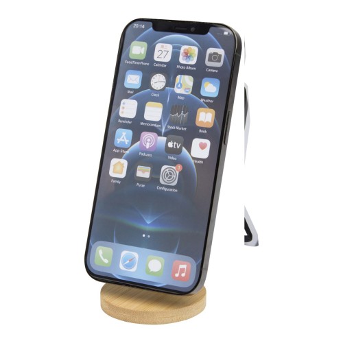Alcor Klappbare magnetische Smartphonehalterung aus recyceltem Kunststoff mit Bambusdetails, weiss
