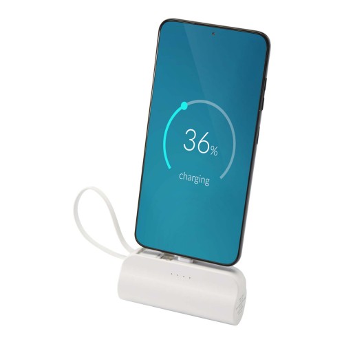 Alnair 5000 mAh 10W recycled plastic Type-C power bank with built-in flip stand and 2-in-1 cable, White