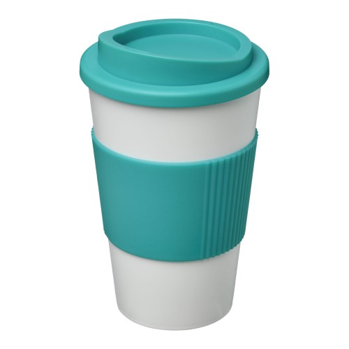 Americano® 350 ml Isolierbecher mit Schutzring. weiss, aquablau