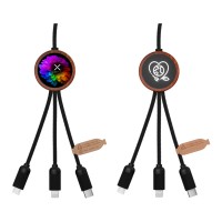 SCX.design C37 40W 5-in-1 rPET Ladekabel in rundem Bambusgehäuse mit Leuchtlogo, holz