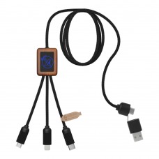SCX.design C38 40W 5-in-1 oplaadkabel van RPET met oplichtend logo en vierkante houten behuizing. Blauw, Hout